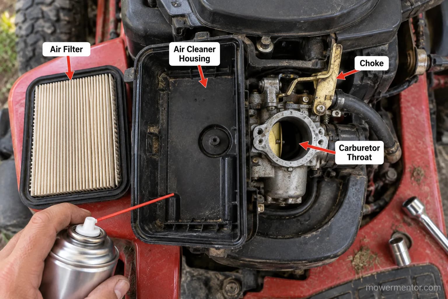 Opened air cleaner on a riding mower showing the filter, housing and carburetor throat spray point.