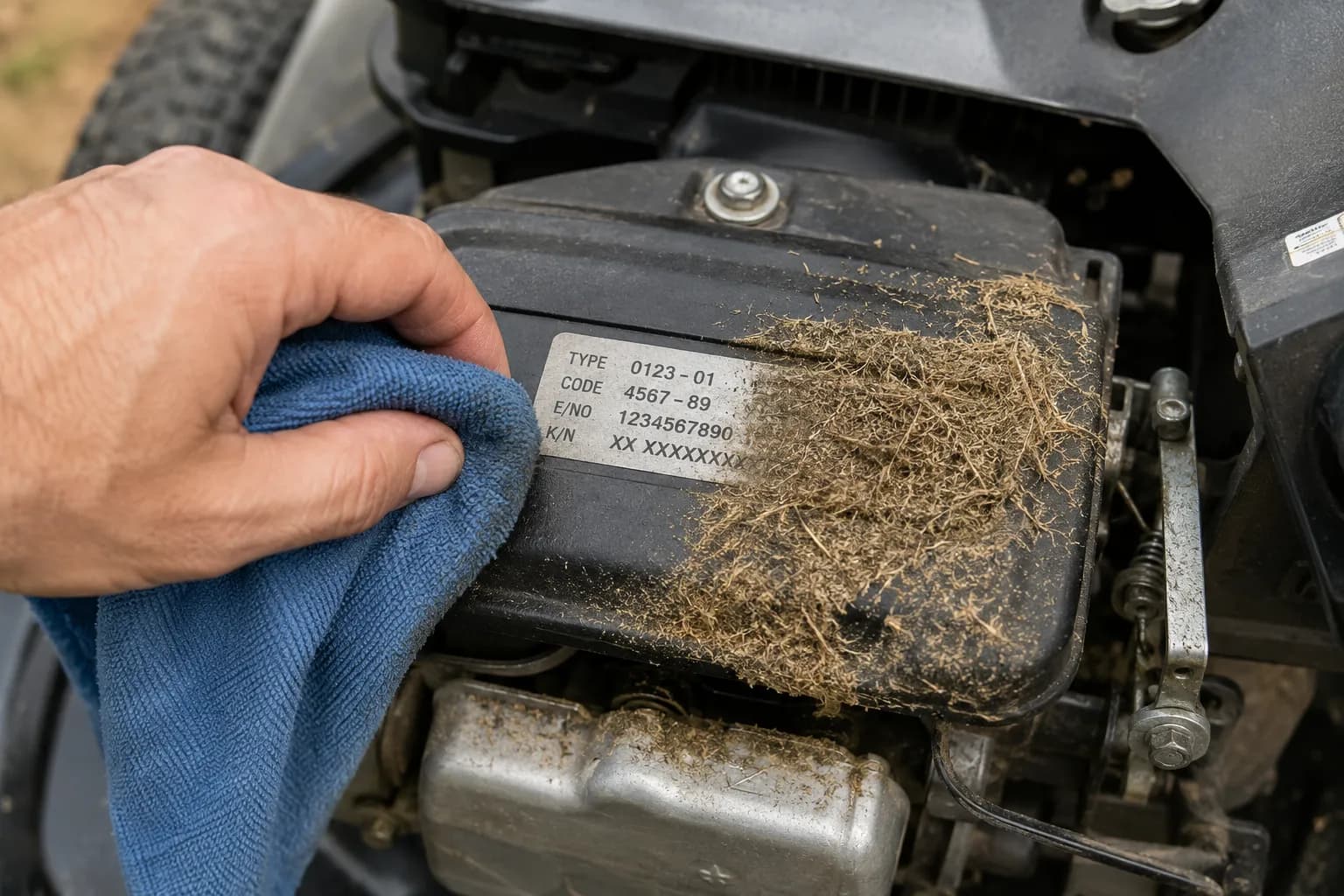 Adult hand using a blue microfiber cloth to wipe dried grass clippings from a riding lawn mower engine label, revealing the model information needed for maintenance.