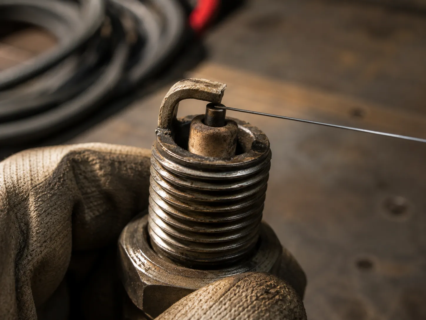 Macro close-up of a used spark plug held in a gloved hand with a wire gap gauge measuring the worn electrode gap, showing light brown insulator deposits against a blurred workshop background.