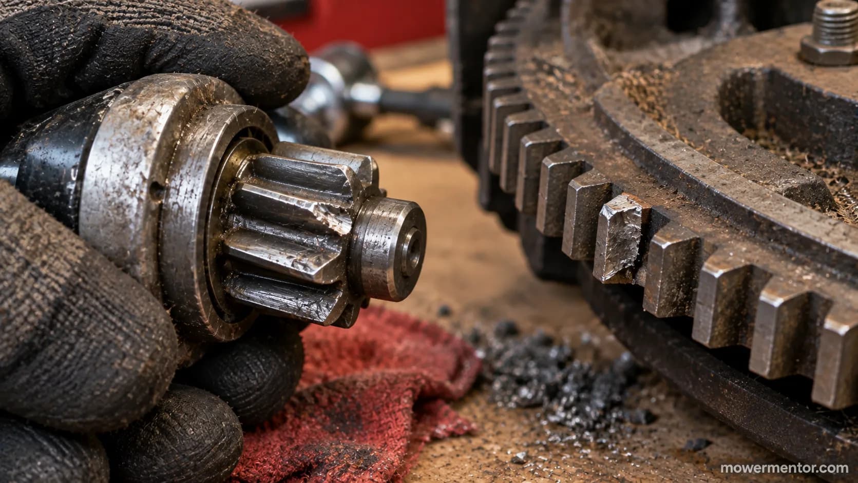 Worn starter pinion and chipped flywheel ring gear on a lawn mower