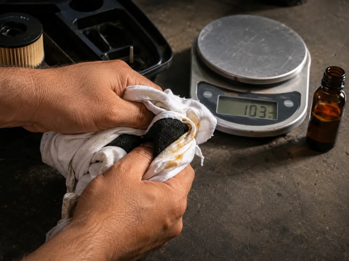 Hands wringing an oiled foam lawn mower air filter inside a white rag beside a digital kitchen scale on a workbench.