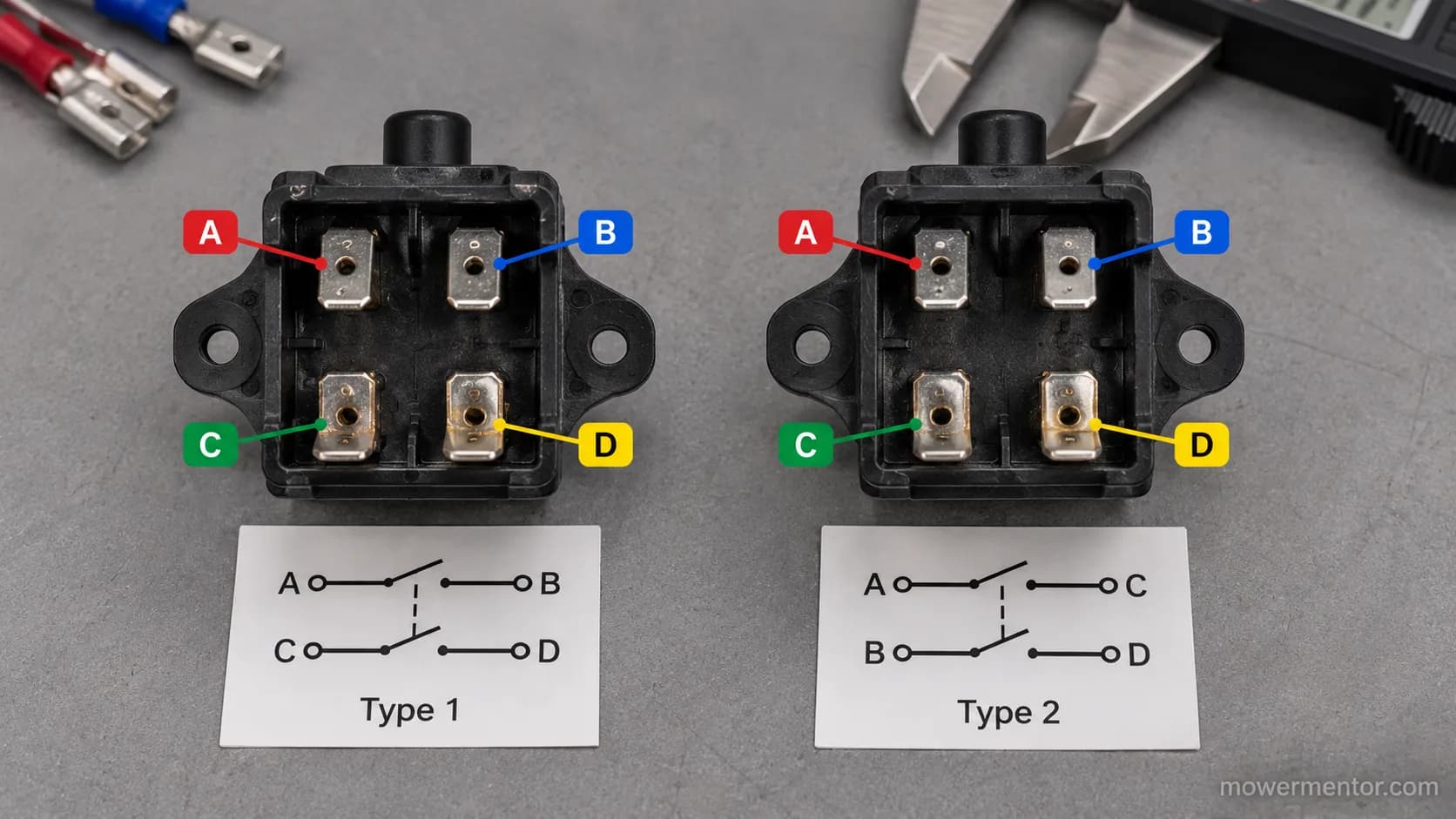 Two-wire versus four-prong lawn mower brake safety switch comparison