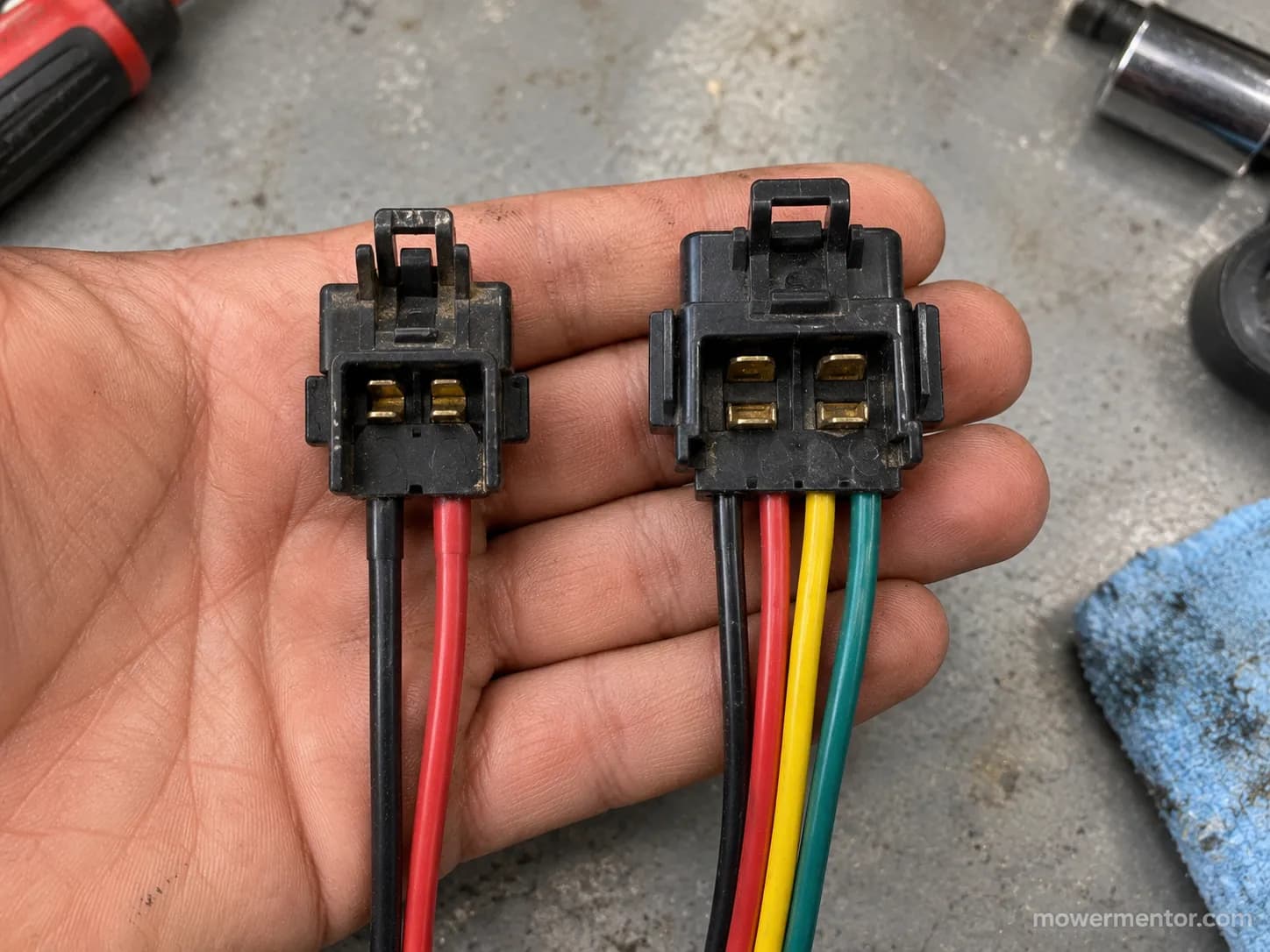 2-wire and 4-wire riding mower seat safety switch connectors compared