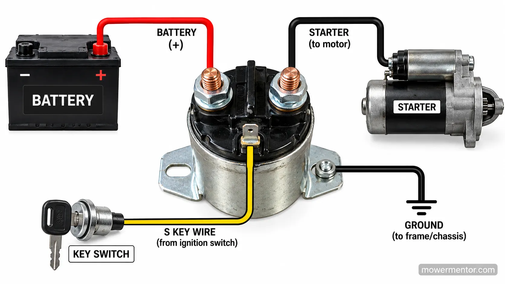 3-pole lawn mower starter solenoid wiring diagram with battery, starter and trigger wires labeled.