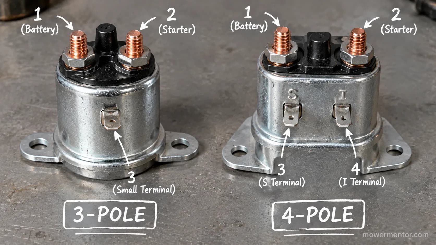 3-pole vs 4-pole lawn mower starter solenoid side by side with lug counts labeled.