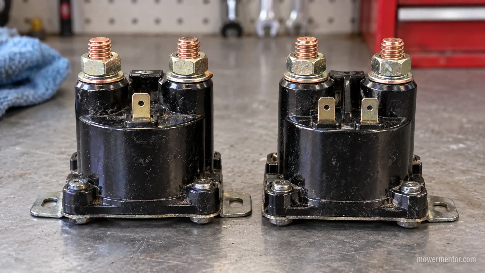 A 3-pole and a 4-pole lawn mower starter solenoid side by side showing their terminals.
