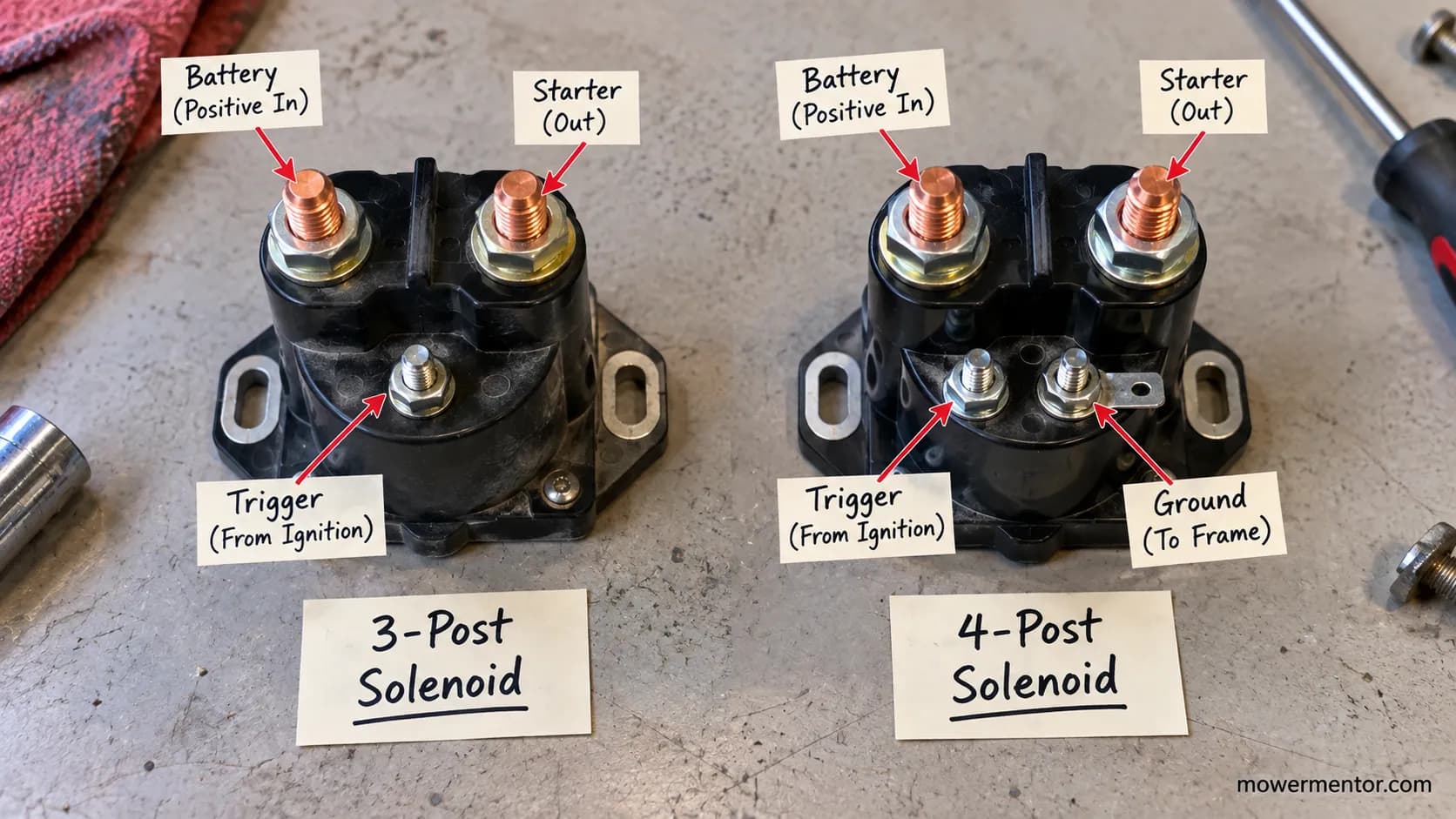 three post and four post lawn mower starter solenoid compared with terminals visible