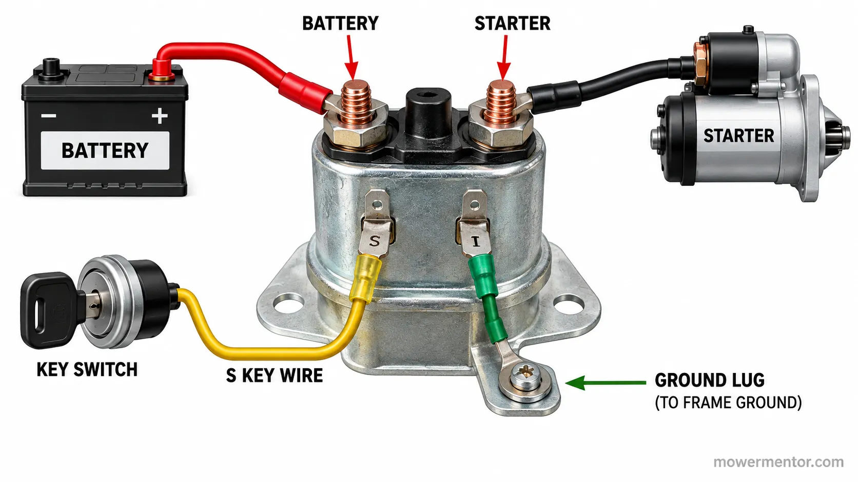 4-pole lawn mower starter solenoid wiring diagram with the ground lug labeled