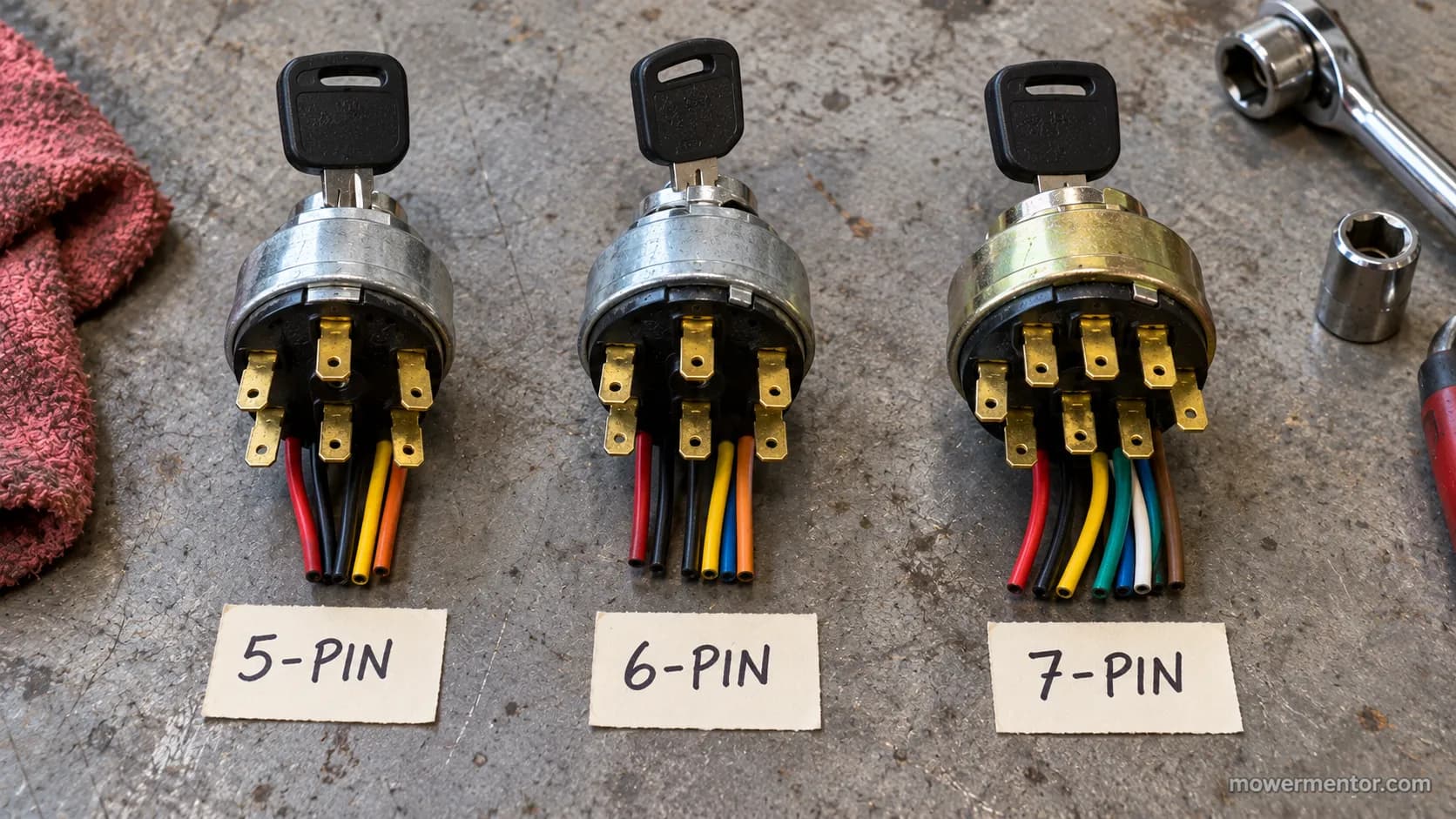 five pin six pin and seven pin lawn mower ignition switches compared side by side