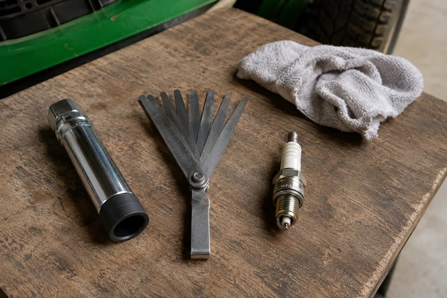 5/8-inch spark plug socket, feeler gauge, clean shop rag, and new Champion RC12YC spark plug arranged on a wooden workbench beside a riding mower for a lawn mower tune-up.