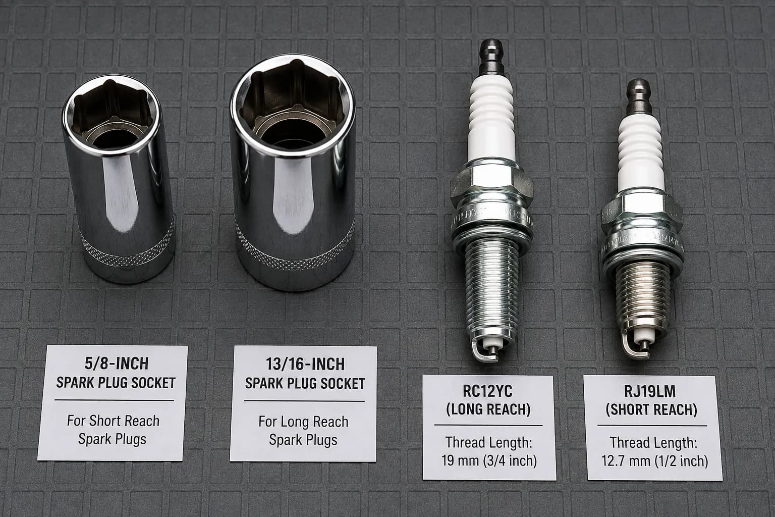 5/8-inch and 13/16-inch spark plug sockets beside RC12YC and RJ19LM spark plugs, showing the difference in socket size and threaded length for lawn mower engines.