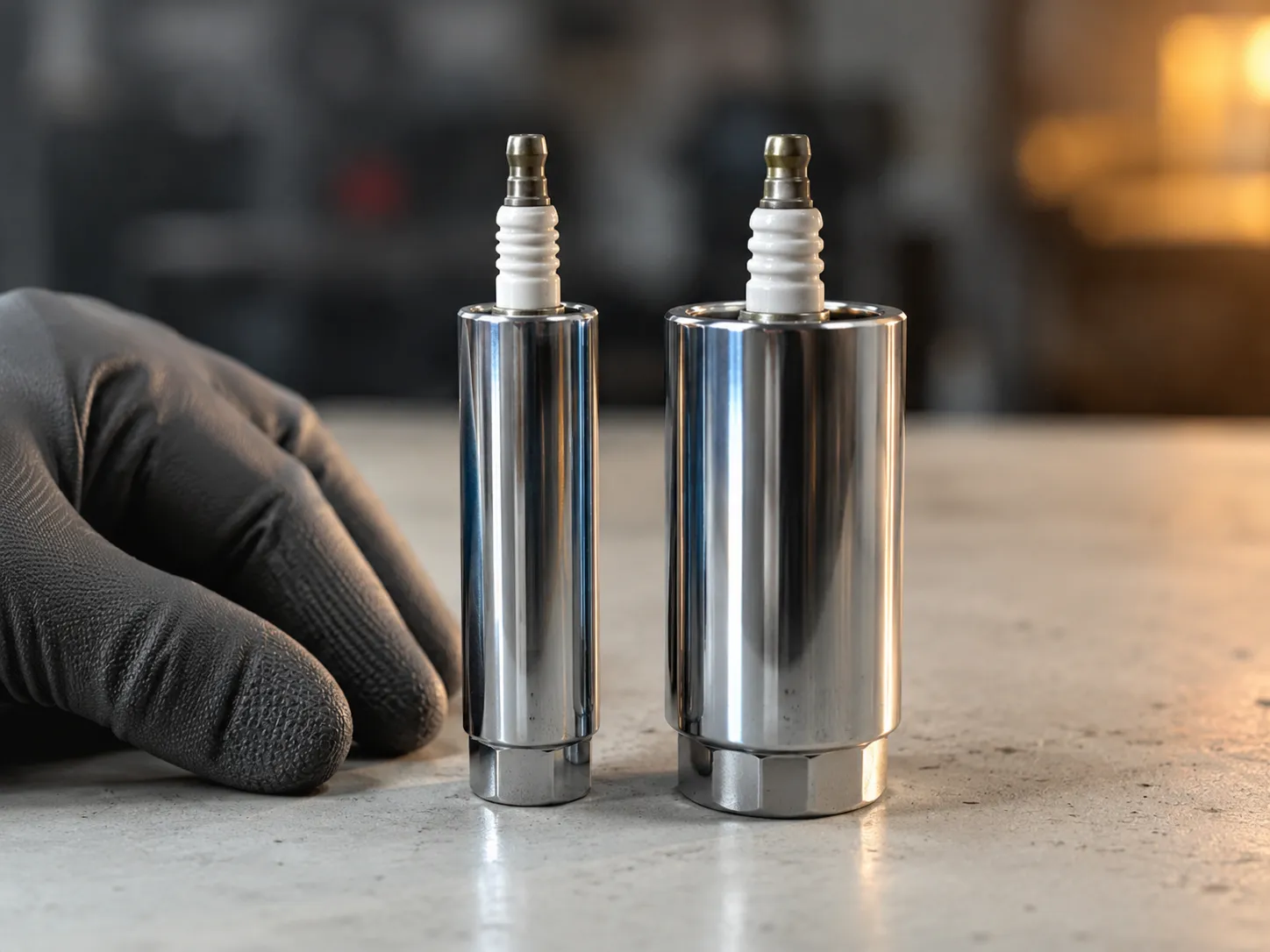 Two chrome deep spark plug sockets, 5/8-inch and 13/16-inch, standing side by side with spark plugs inserted, showing the size difference on a workshop bench with a gloved hand for scale.