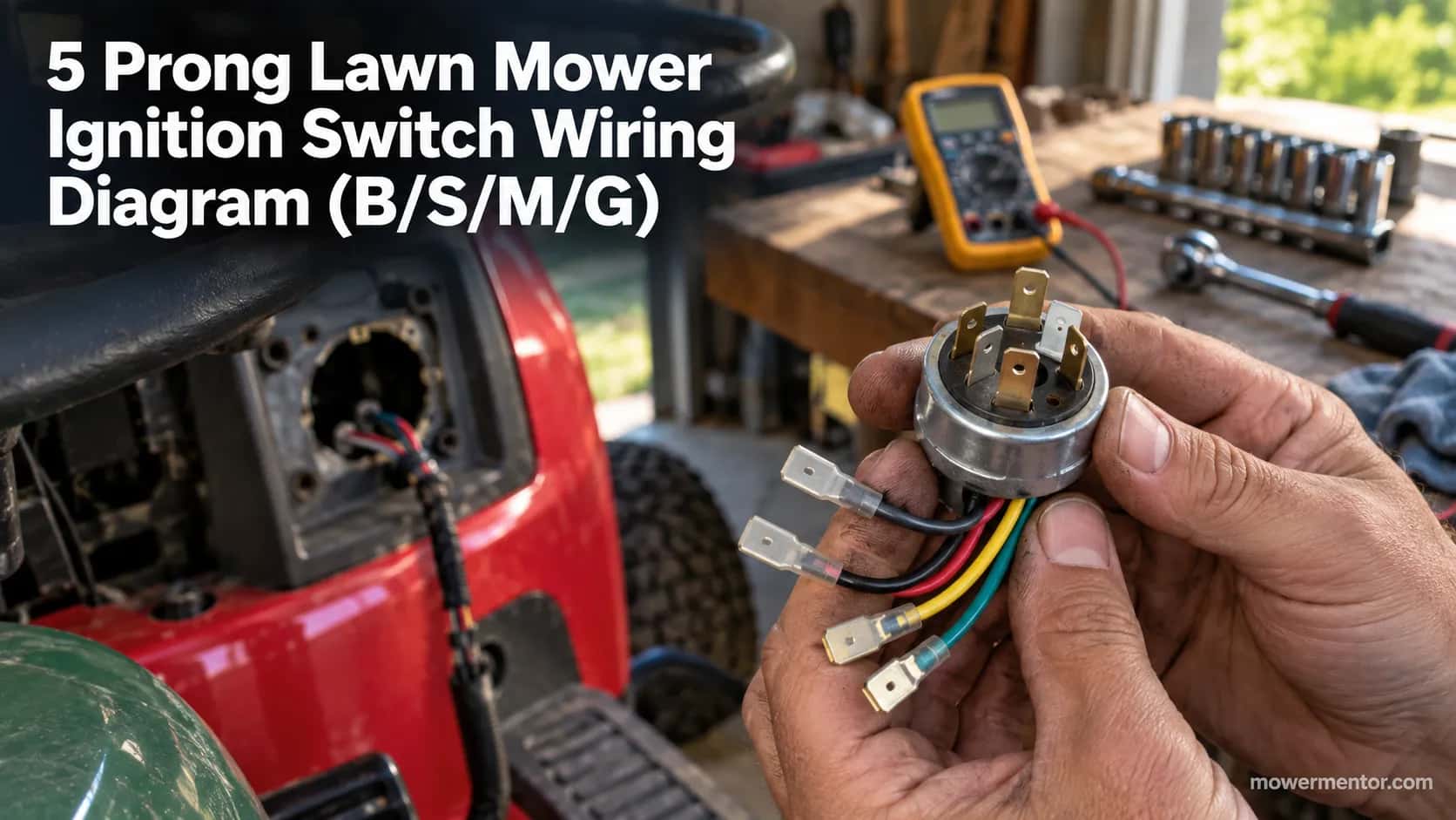 Hands holding a five prong lawn mower ignition switch on a workbench next to a multimeter.