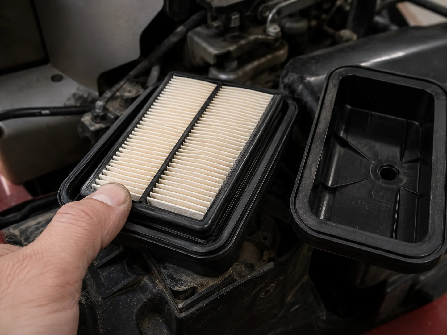 593260 rectangular paper air filter seated correctly in an LC221A mower air box with the cover removed and a thumb pressing the rubber sealing lip to confirm a proper airtight fit.