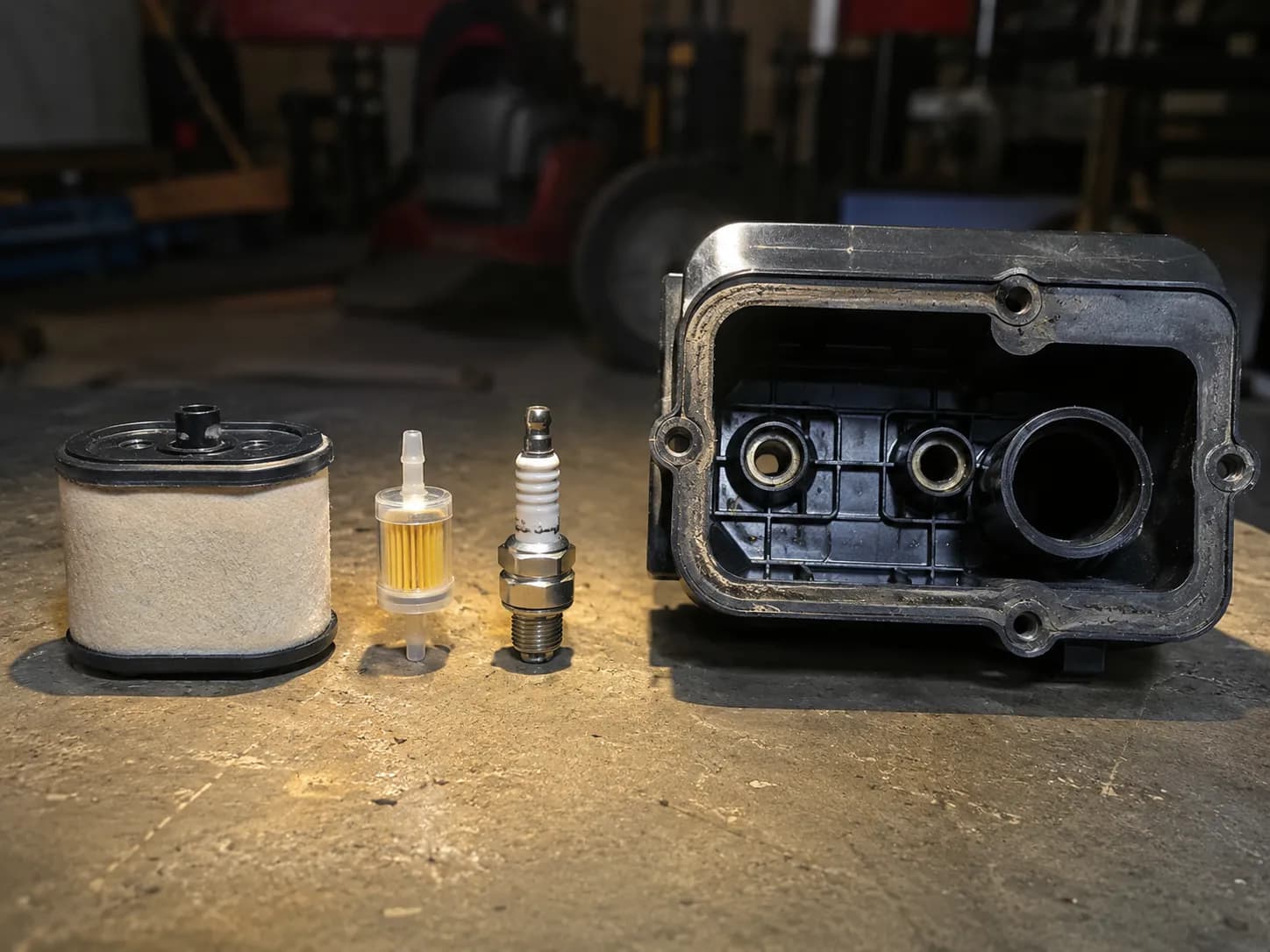 599 33 40-01 handheld kit components arranged beside an LC221A air filter housing, showing the size difference between the small engine parts and mower air filter housing.