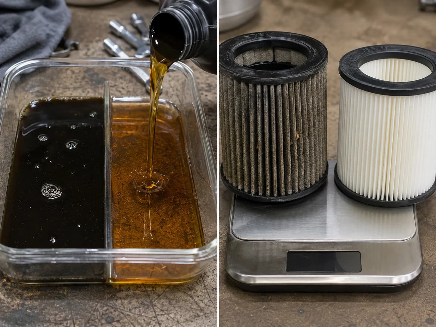 Before-and-after comparison of drained dark engine oil and a clogged pleated air filter removed from a 625EXi lawn mower, shown beside fresh oil and a clean replacement filter.