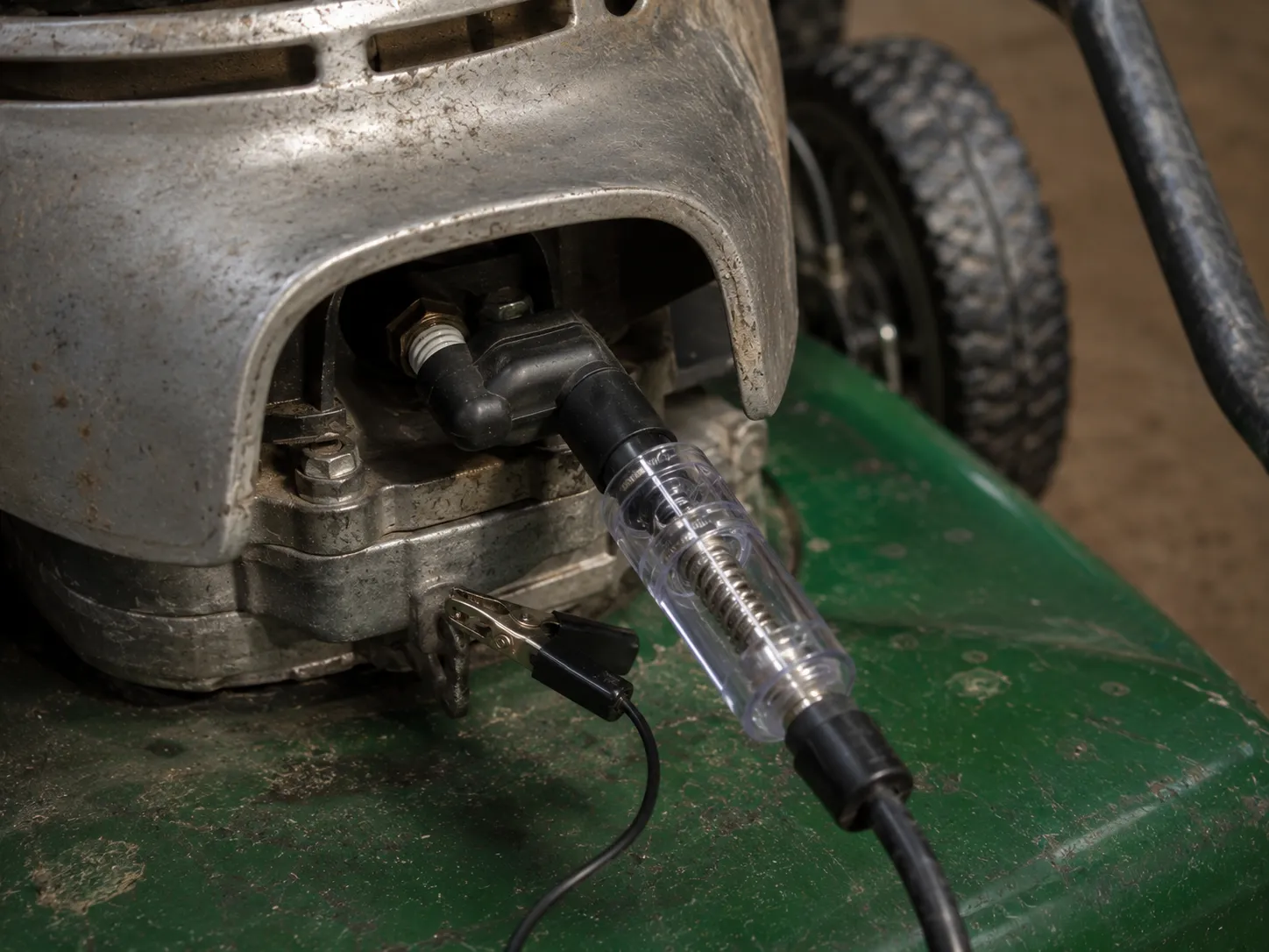 Right-angle inline spark tester installed beneath a walk-behind lawn mower engine shroud, connected to the spark plug with a ground lead attached to bare metal for ignition testing.