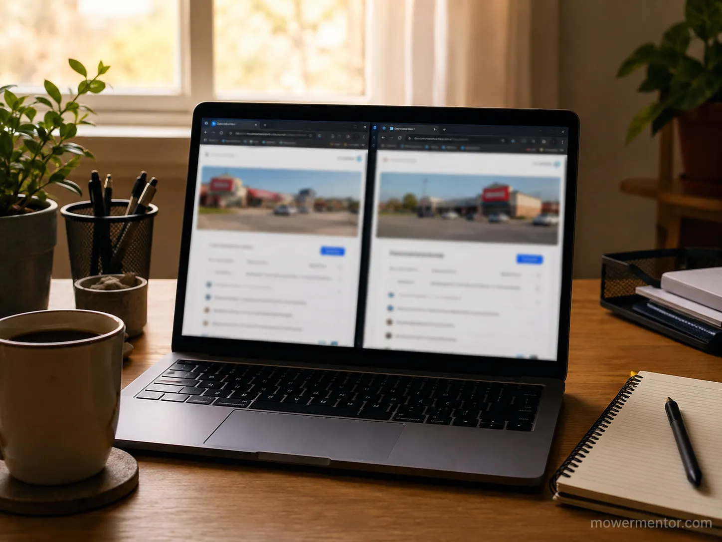 Laptop displaying two Ace franchise service pages side by side on a home office desk, documented as an experience-proof comparison from March 2026.