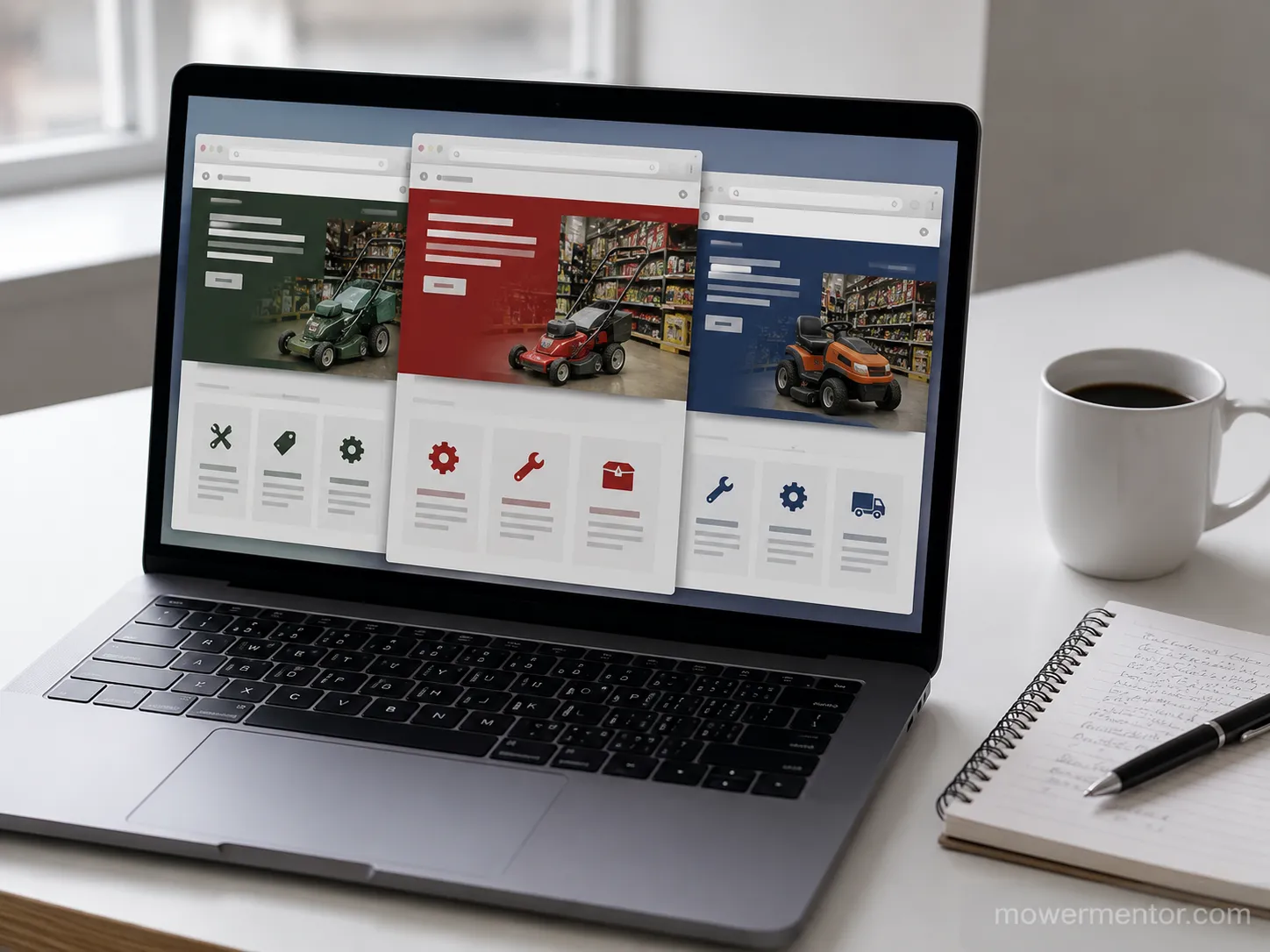 Laptop displaying three lawn mower retail service pages side by side, illustrating different hardware store service models for mower buyers.