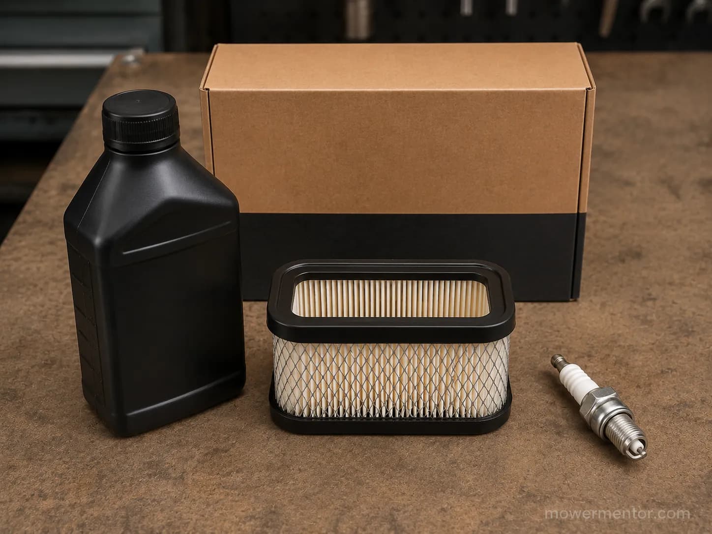 Aftermarket engine maintenance kit with engine oil, pleated air filter, and spark plug arranged beside a plain box on a workshop bench.