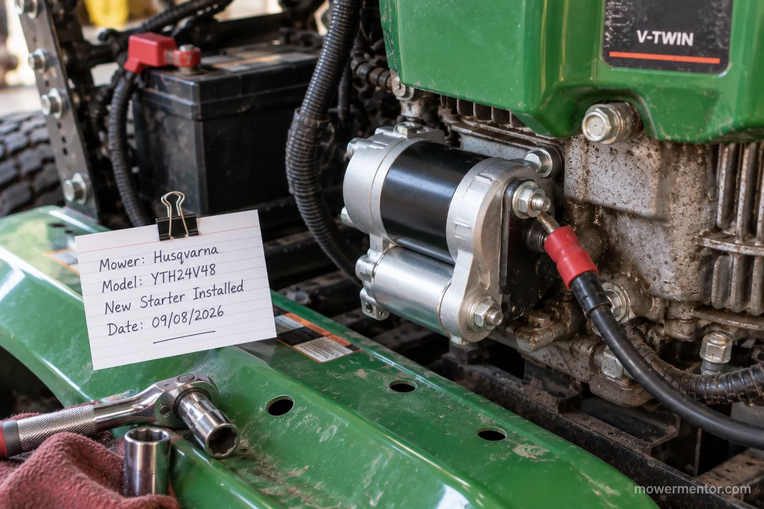 aftermarket starter installed on a Husqvarna riding mower with an install-date log