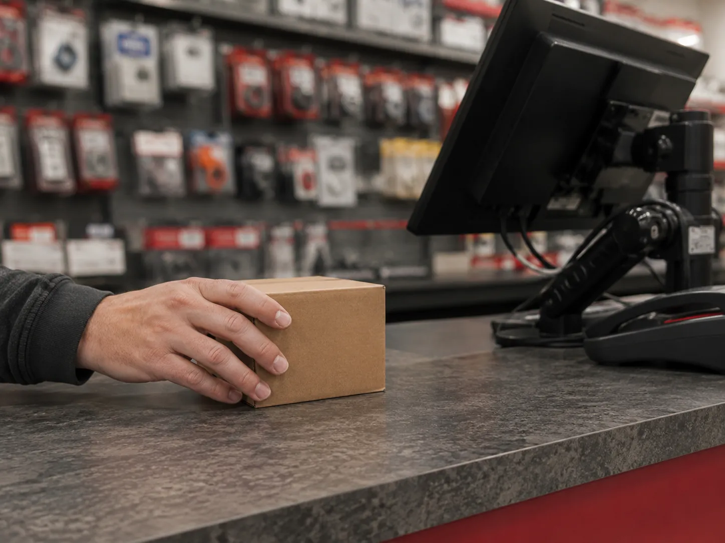 Customer places a boxed small engine air filter on a parts counter for lookup by part number instead of mower brand, with the monitor and store shelving softly blurred in the background.