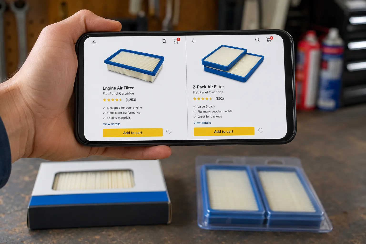 Hand holding a smartphone displaying two lawn mower air filter retailer listings side by side, with a boxed filter and a generic two-pack resting out of focus on a garage workbench.