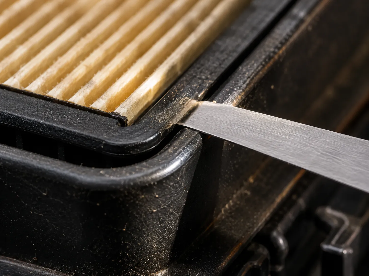 Macro close-up of a feeler gauge measuring a tiny gap between a paper air filter rubber seal and a black plastic air filter housing, highlighting an improper filter seal fit.