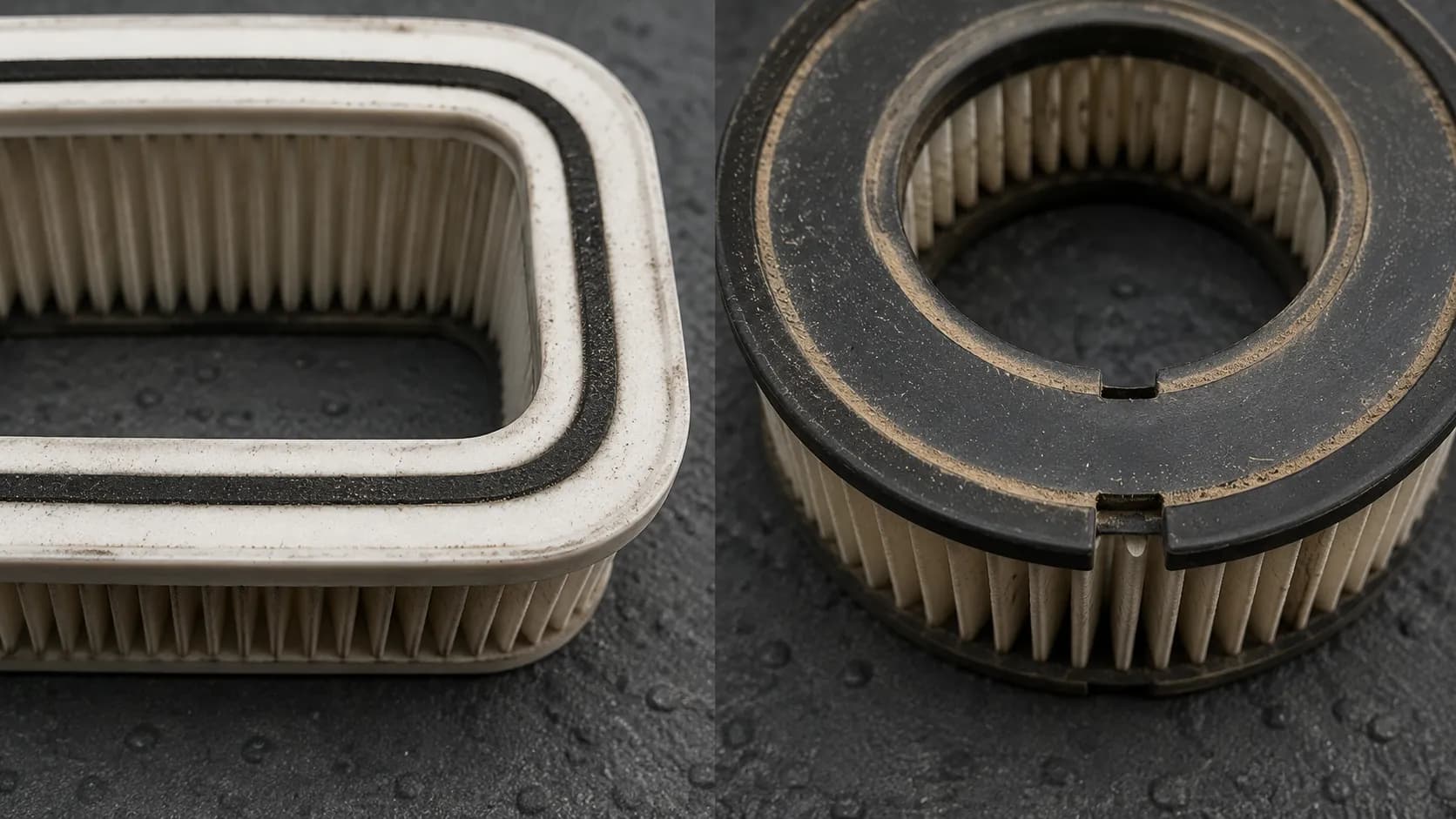 Side-by-side comparison of continuous and broken air filter sealing witness marks showing a clean seal versus gaps where dust has crossed.