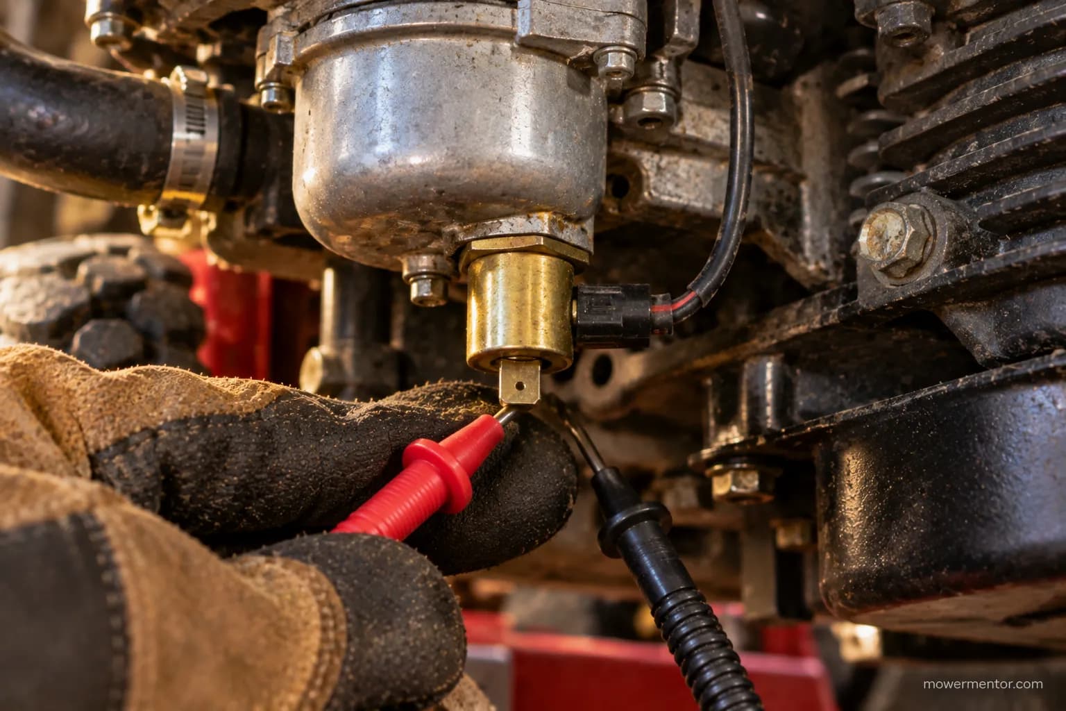 Testing the anti-afterfire fuel shutoff solenoid on a mower carburetor.