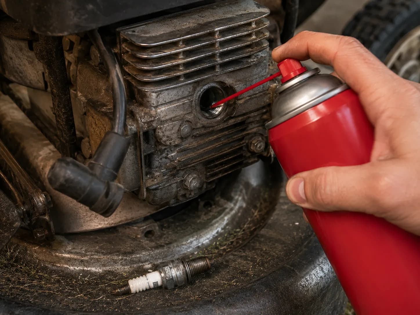 Applying starting fluid through a lawn mower engine spark plug hole with the spark plug lead disconnected, while the removed spark plug rests on the mower deck during a no-start diagnostic test.