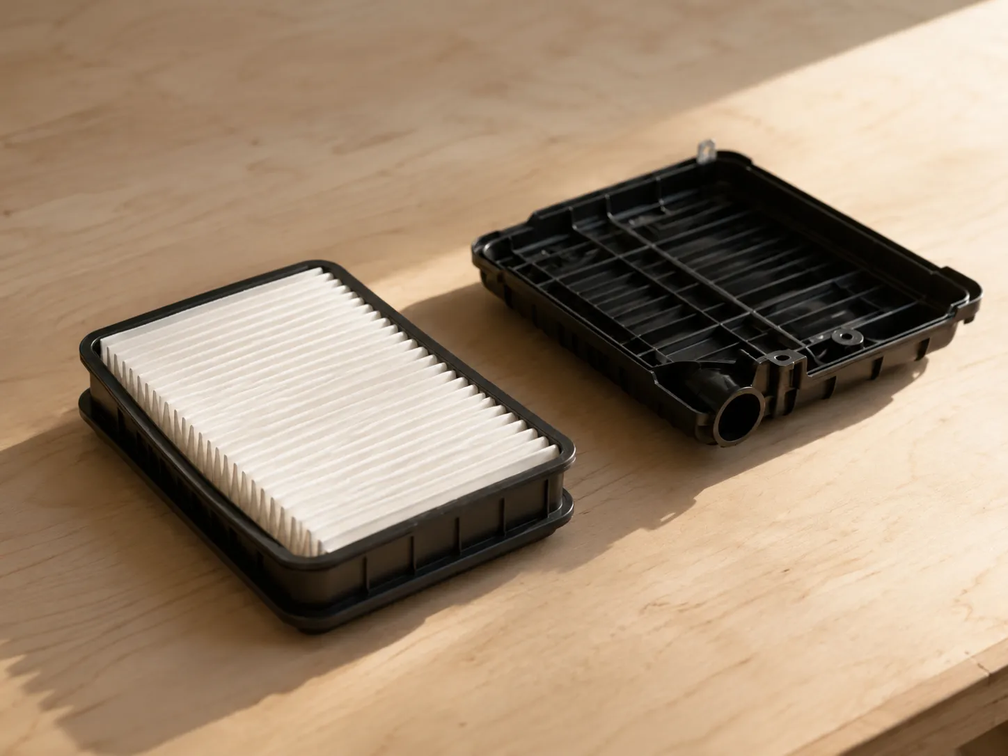 Arnold replacement air filter for newer Honda Element, featuring a rectangular pleated paper filter beside a Honda-style black plastic airbox cover on a wood workbench.