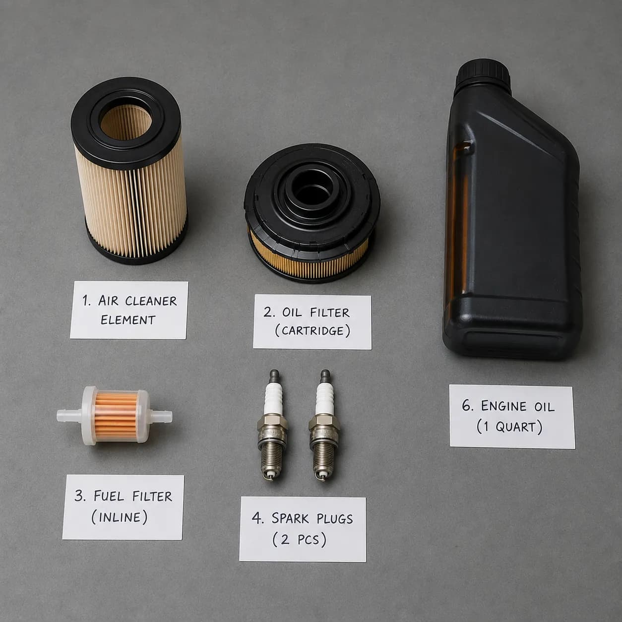 AUC13705 maintenance kit contents laid out on a grey workbench with labeled white cards showing an air cleaner element, oil filter cartridge, inline fuel filter, two spark plugs & one quart of engine.