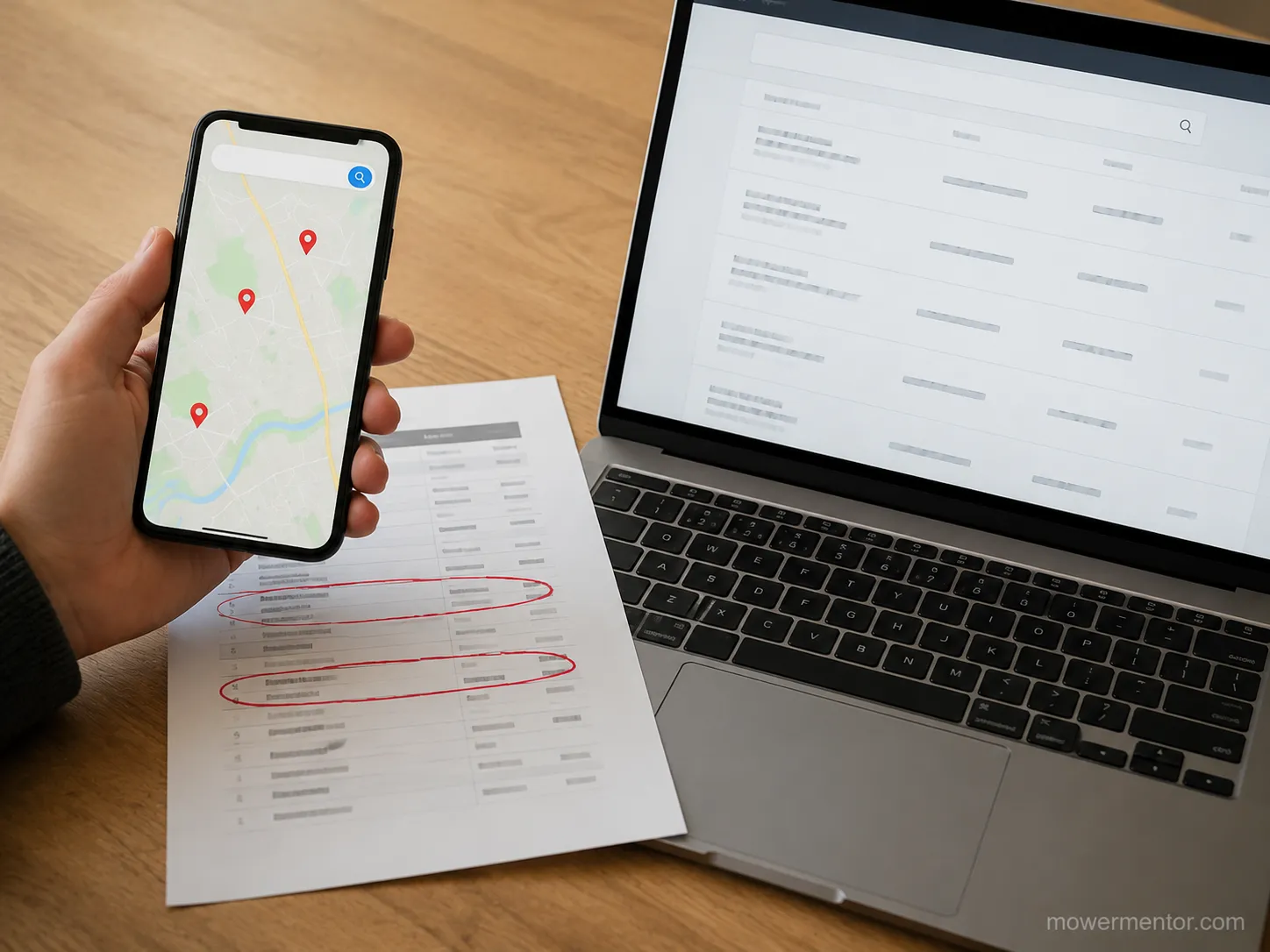 Smartphone map with three dealer pins beside a laptop directory search and a printed list with two entries circled, showing a dealer location check for the same ZIP code.