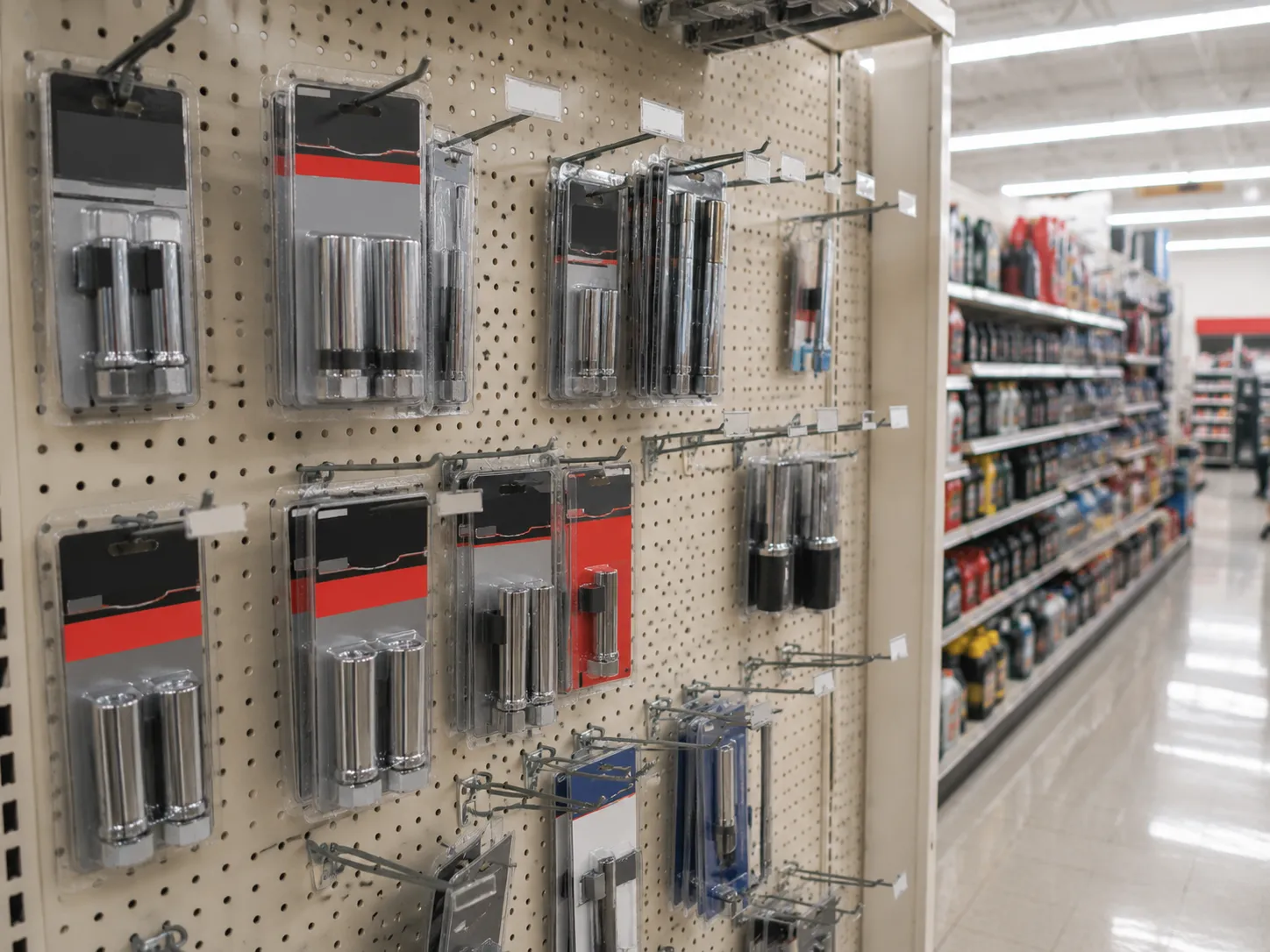 Hardware store automotive aisle with blister-packed spark plug sockets hanging on pegboard display hooks, showing product availability and selection in the automotive tools section.