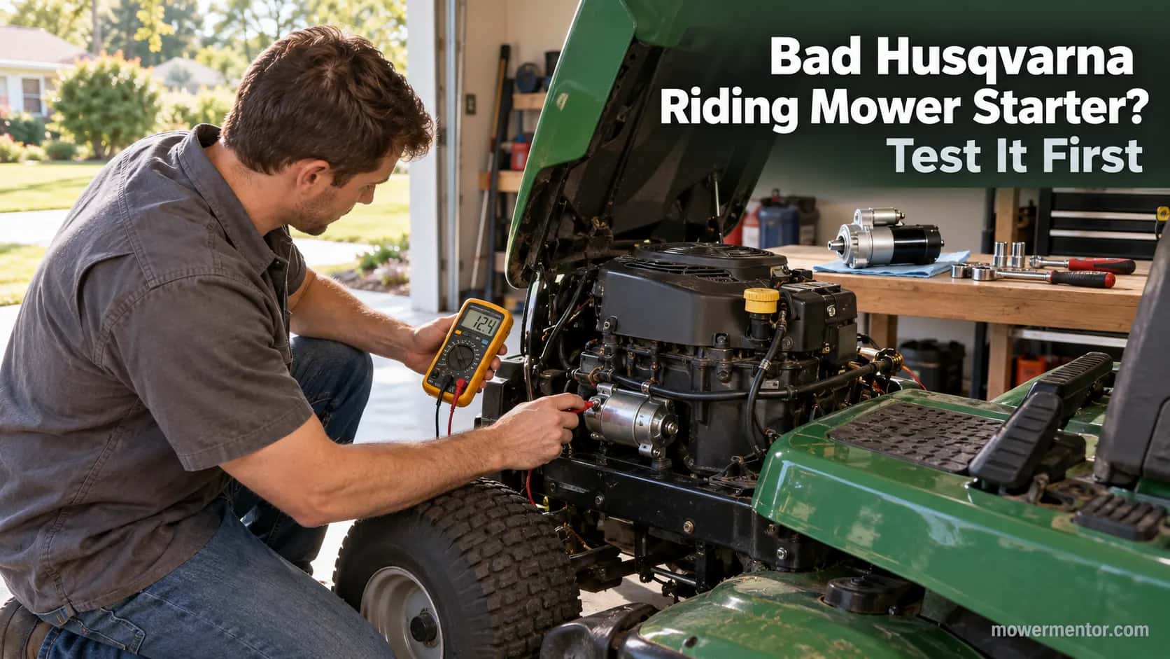 testing a Husqvarna riding mower starter with a multimeter in a home garage
