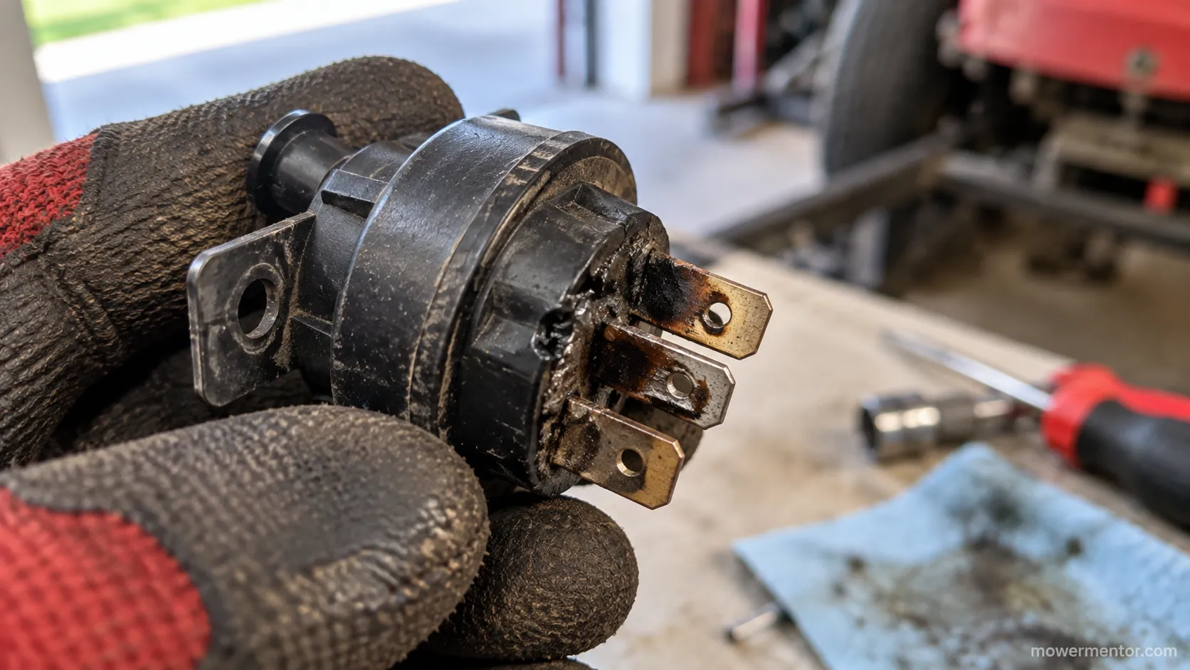 burnt riding mower PTO safety switch pins showing arcing damage