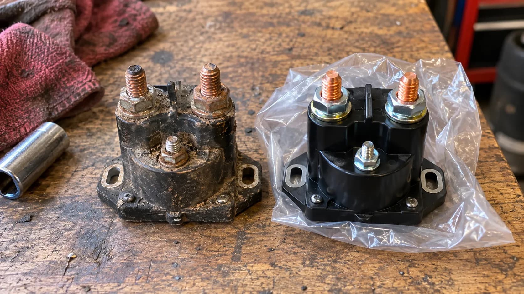 worn and new lawn mower starter solenoid side by side showing three posts