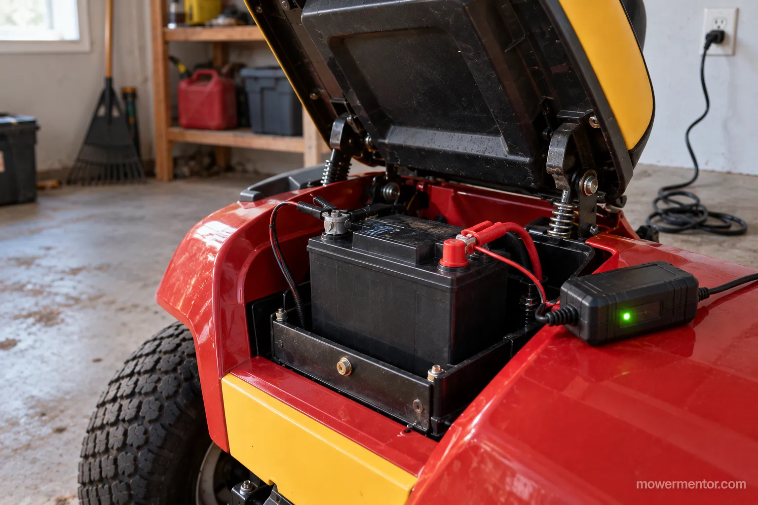 Battery maintainer connected to a Cub Cadet riding mower for winter storage