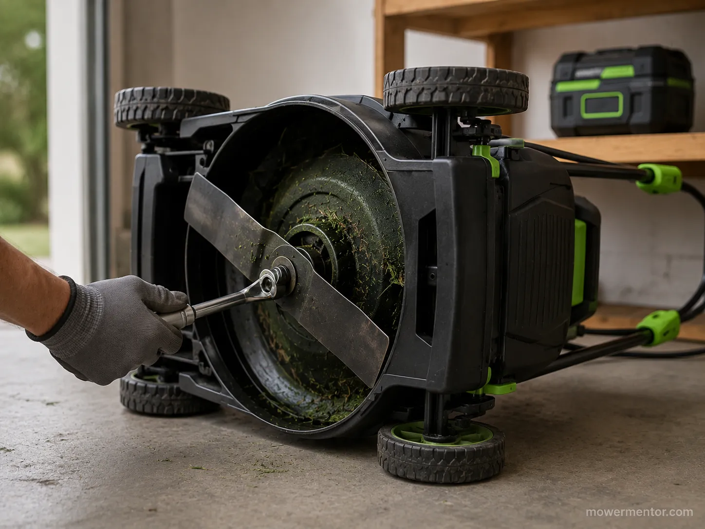 Gloved hand using a socket wrench to loosen a battery mower blade bolt while the mower rests on its side in a garage.