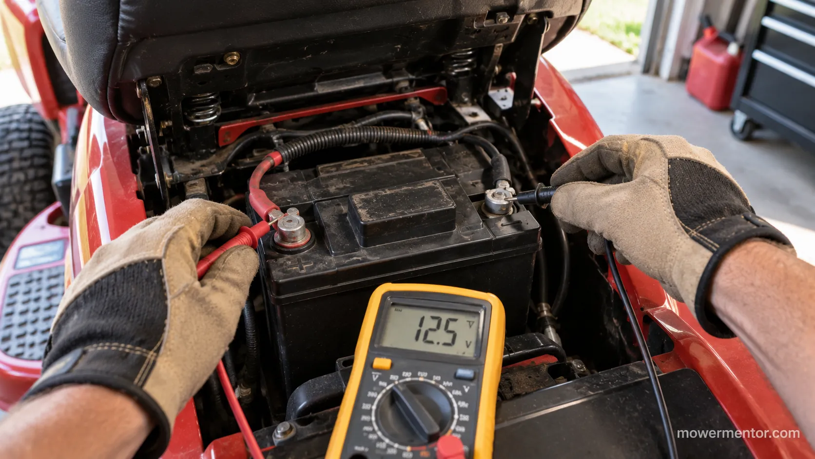 Testing a riding lawn mower battery with a multimeter reading 12.5 volts.