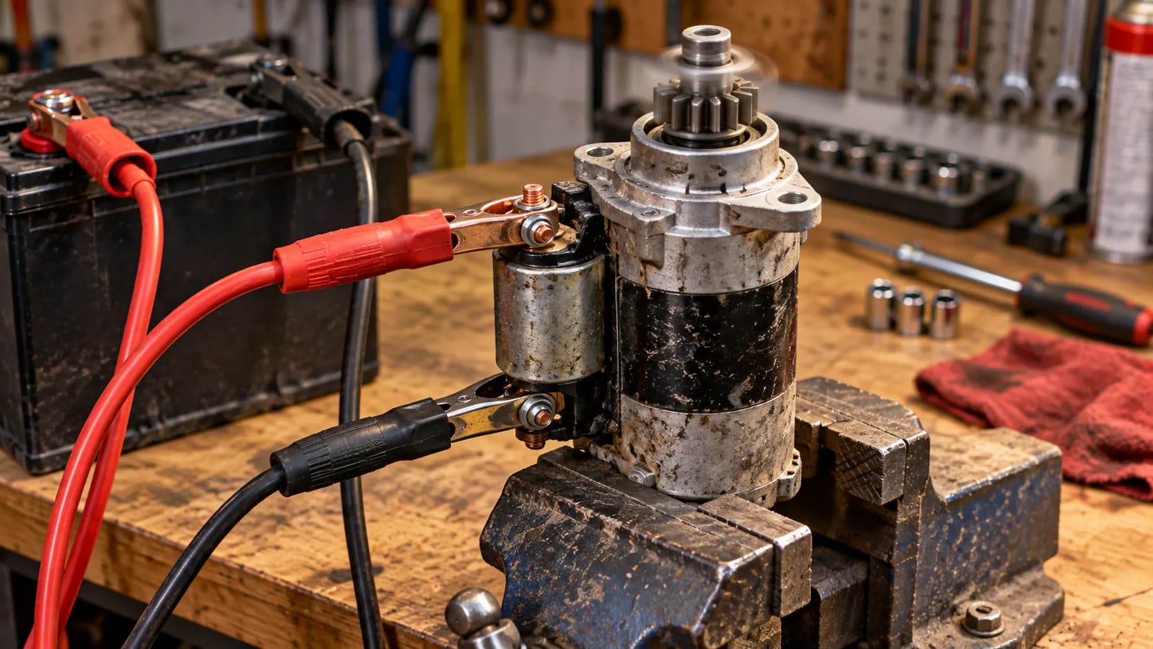 Riding mower starter motor clamped in a vise and bench-tested with jumper leads from a battery.