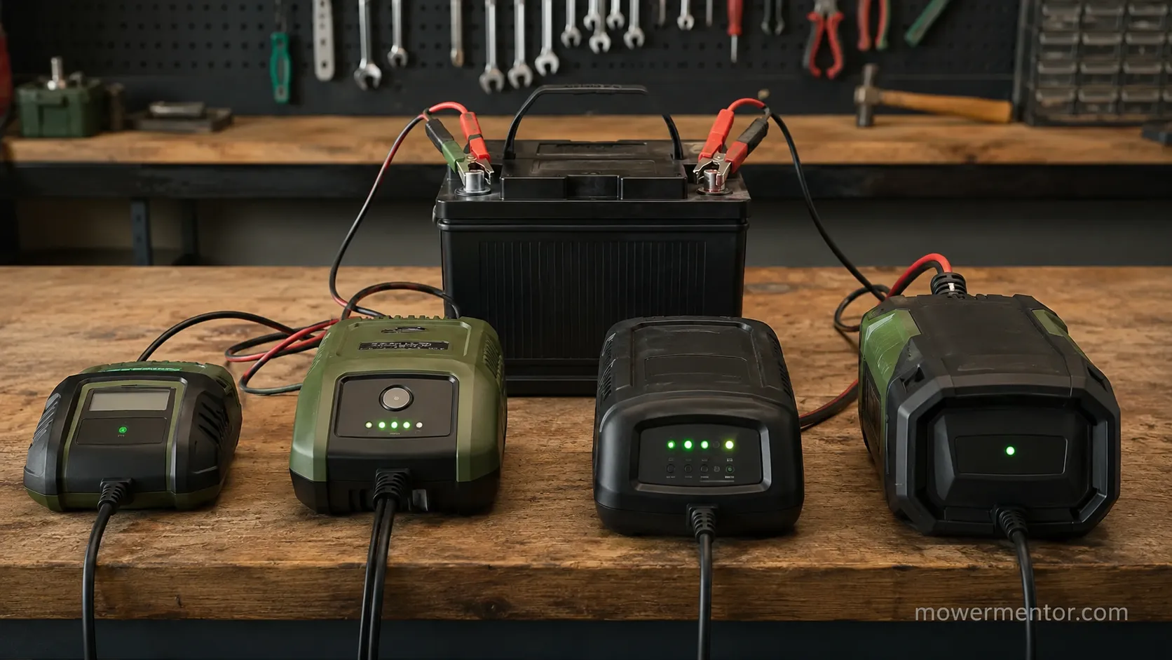 Four riding mower battery chargers compared on a bench with one U1 test battery.