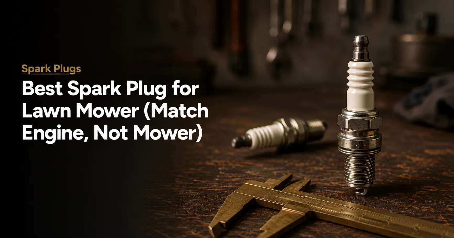 Editorial cover image showing a lawn mower spark plug beside its replacement on a wooden workbench with a caliper, illustrating how to match the correct spark plug to the engine rather than the mower.
