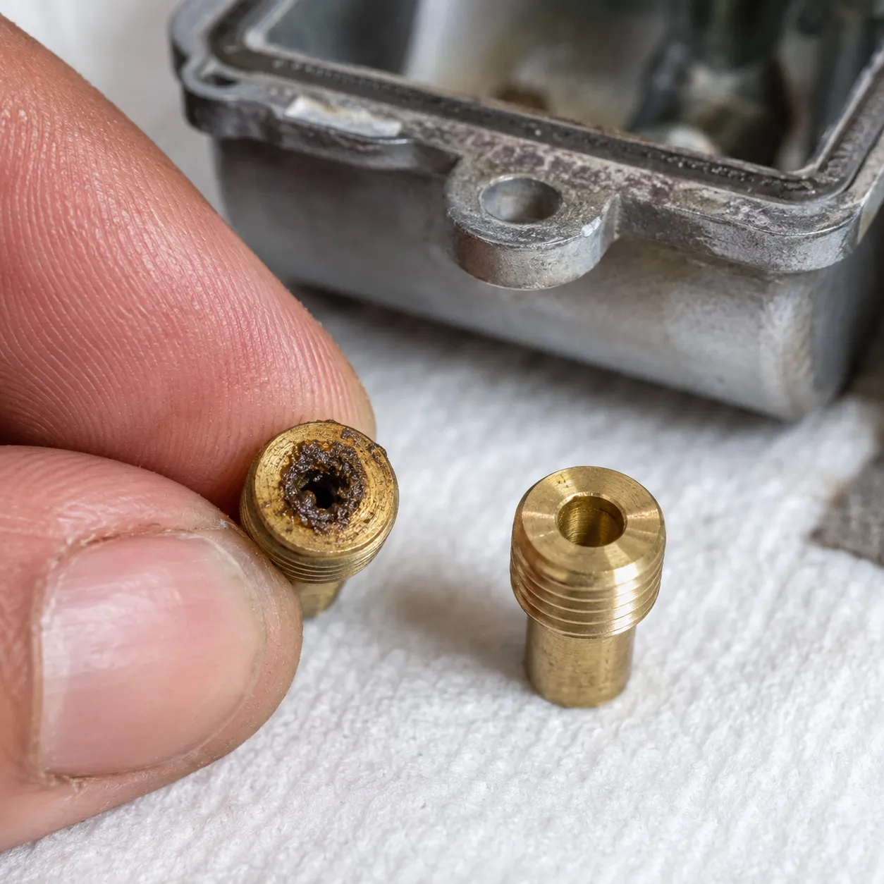 Macro photo of a blocked brass carburetor main jet with brown varnish deposits beside a clean replacement jet and removed float bowl, illustrating a small engine fuel blockage diagnosis.