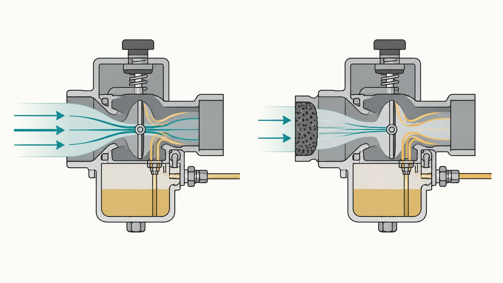 Vector diagram comparing normal and restricted airflow through a small engine carburetor, showing how a blocked air filter reduces airflow while fuel flow remains nearly unchanged.