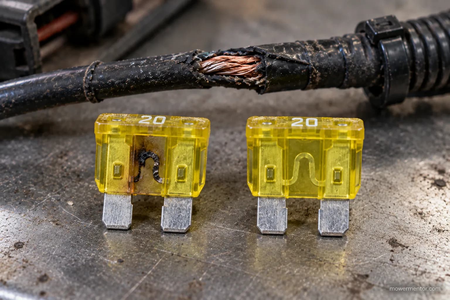 Blown 20-amp riding mower blade fuse beside a good fuse and a chafed harness wire.
