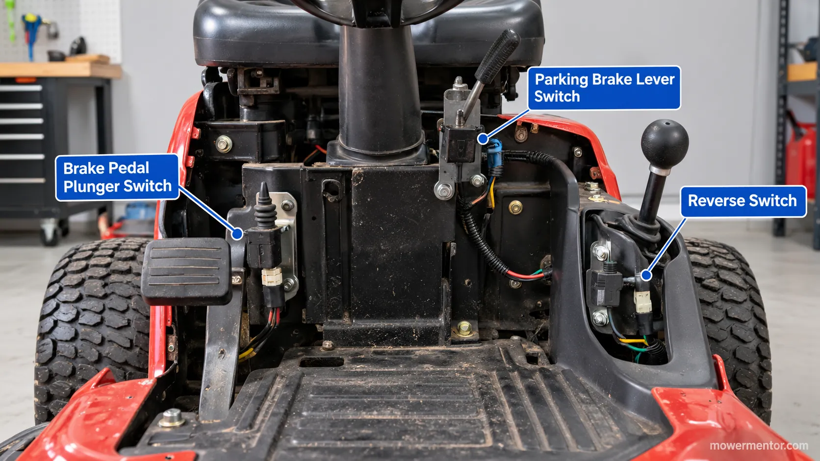 Foot lifting off a riding mower brake pedal beside the safety switch connector