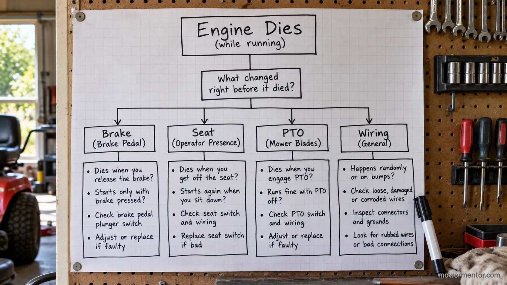 Riding mower safety switch decision tree separating brake, seat, and PTO causes