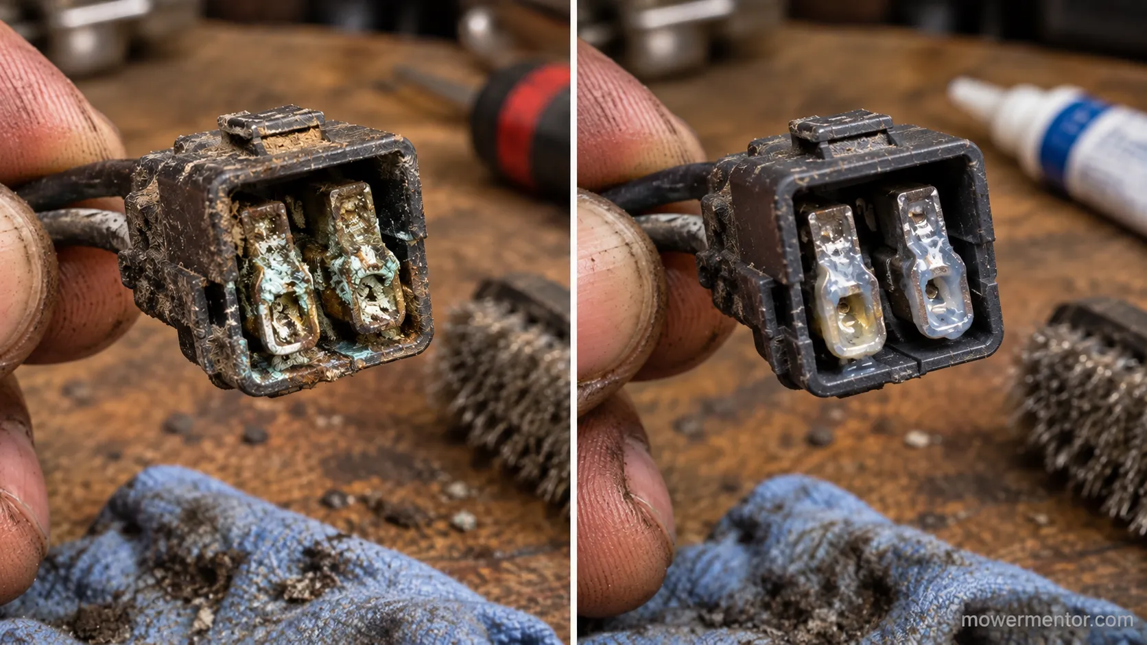 Lawn mower brake switch connector before and after cleaning and greasing